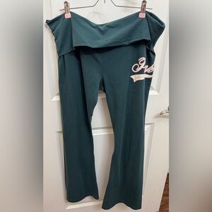 PINK Victoria's Secret Forest Green Fold-Over Flare Pants with Pink Logo
